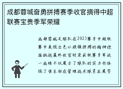 成都蓉城奋勇拼搏赛季收官摘得中超联赛宝贵季军荣耀